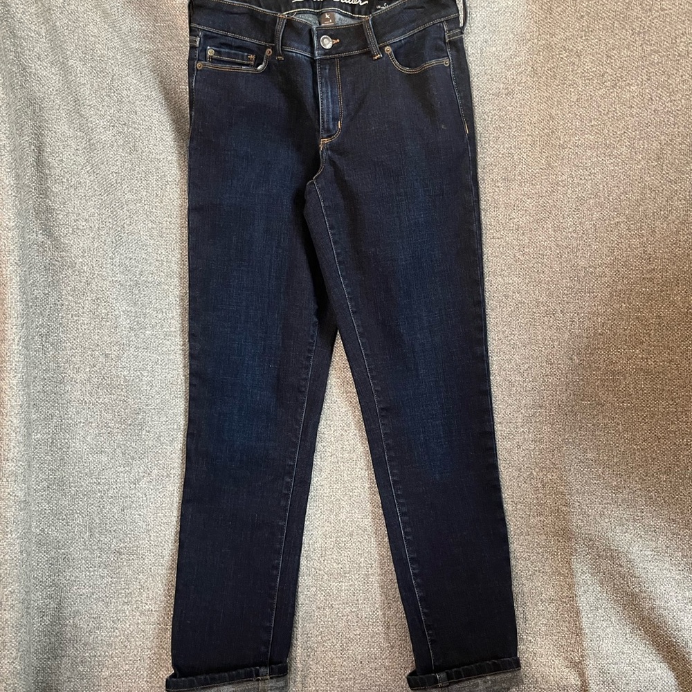 Never worn Eddie Bauer jeans! Straight leg with a dark denim wash!